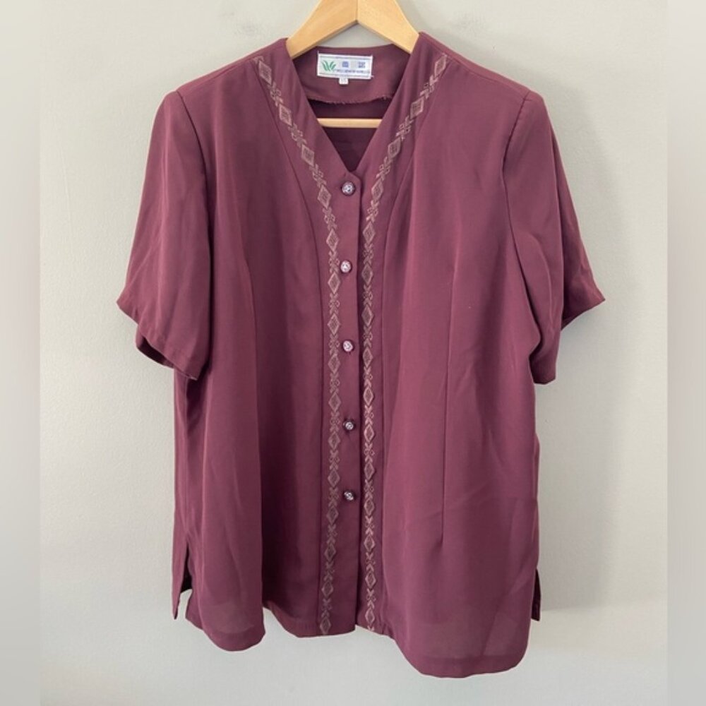 90s Grandma Chic Maroon Western Embroidered Short Sleeve Blouse